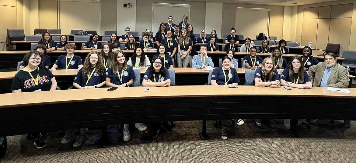 Middle Tennessee State University recently hosted 32 high school students, pictured here, from as far away as Alabama, Kentucky, and New Mexico who converged on campus recently for the 2024 CSI: MTSU Forensic Summer Youth Camp in Murfreesboro, Tenn. Seated on the first row, far right, is Tom Holland, director of the MTSU Forensic Institute for Research and Education, camp sponsor. (Submitted photo)