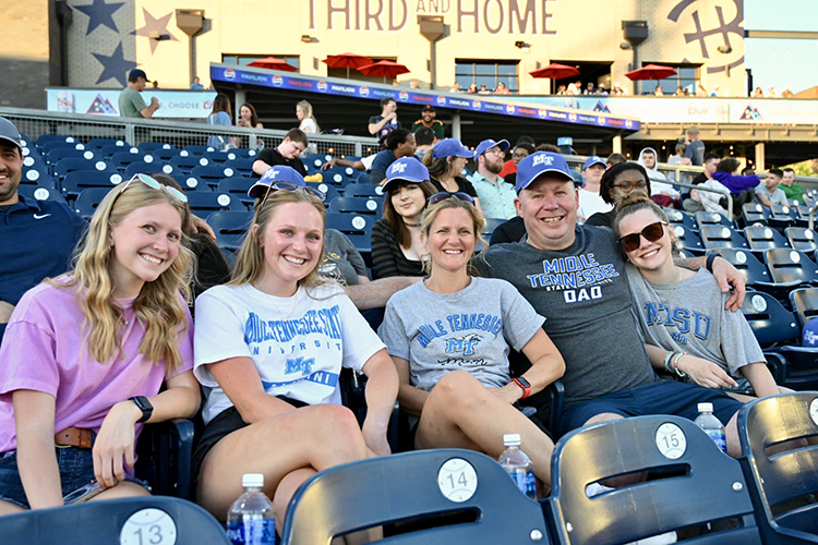 Middle Tennessee State University supporters enjoy the Nashville Sounds’ special Military Appreciation Night game Thursday, June 6, at First Horizon Park in Nashville, Tenn. The game also marked True Blue Night at the Sounds. (MTSU photo by James Cessna)