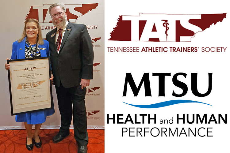 Tennessee Athletic Trainers’ Society President Mike Van Bruggen, right, stands with Helen Binkley, Athletic Training Program director at Middle Tennessee State University in Murfreesboro, Tenn. Binkley was inducted into the organization’s Hall of Fame at a banquet held in May at Embassy Suites in Murfreesboro. (Submitted photo)