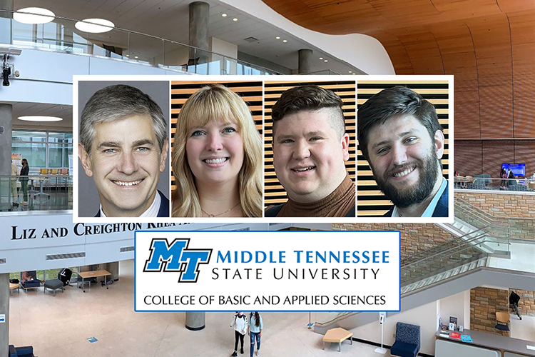Middle Tennessee State University’s College of Basic and Applied Sciences recently awarded three students its annual CBAS Research Award. Amanda Lake Heath won the Distinguished Doctoral Research Award, Joseph May won the Outstanding Masters Research Award and James Evans won the Outstanding Undergraduate Research Award. (MTSU graphic illustration by Stephanie Wagner)