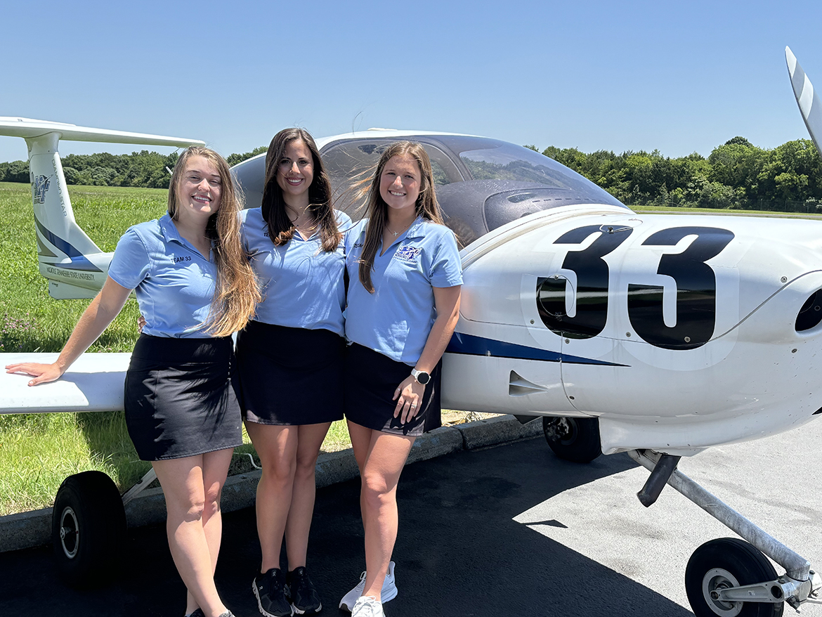 At the Middle Tennessee State University Flight Operations Center on Memorial Boulevard in Murfreesboro, Tenn., alumni Alyssa Smith, left, of Collierville, Tenn., and Rachel Frankenberger, of Cisco, Ga., and senior Hailey Harrison, of Lakeland, Tenn., pose with the MTSU Aerospace Department’s Diamond DA 40 airplane they will fly June 18-21 during the upcoming all-women Air Race Classic. The Blue Raider trio will be among 22 collegiate teams and nearly 50 teams altogether competing in the nearly 2,400-mile event that features nine legs and eight states starting in Carbondale, Ill., and finishing in Loveland, Colo. (MTSU photo by Randy Weiler)