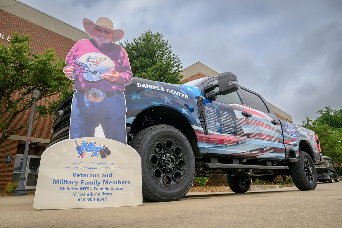 A special Nashville Superspeedway Ford F-350 Veterans Tribute Truck with 132 names of current and former military members sits outside the Keathley University Center on the Middle Tennessee State University campus in Murfreesboro, Tenn. The truck will be on display Friday through Sunday, June 28-30, next to the Charlie and Hazel Daniels Veterans and Military Family Center tent in the Fan Zone at the racetrack just off I-840 in Gladeville, Tenn. (MTSU photo by J. Intintoli)