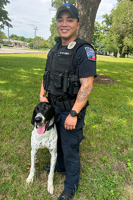 Middle Tennessee State University’s Police Department recently swore in its second K-9 Officer Ace, left, who will work and live with his handler Officer Joseph “Jad” Dishner. Ace is trained in explosives detection and will add an extra level of security to campus during athletic and other events. (MTSU photo by Jacob Wagner)