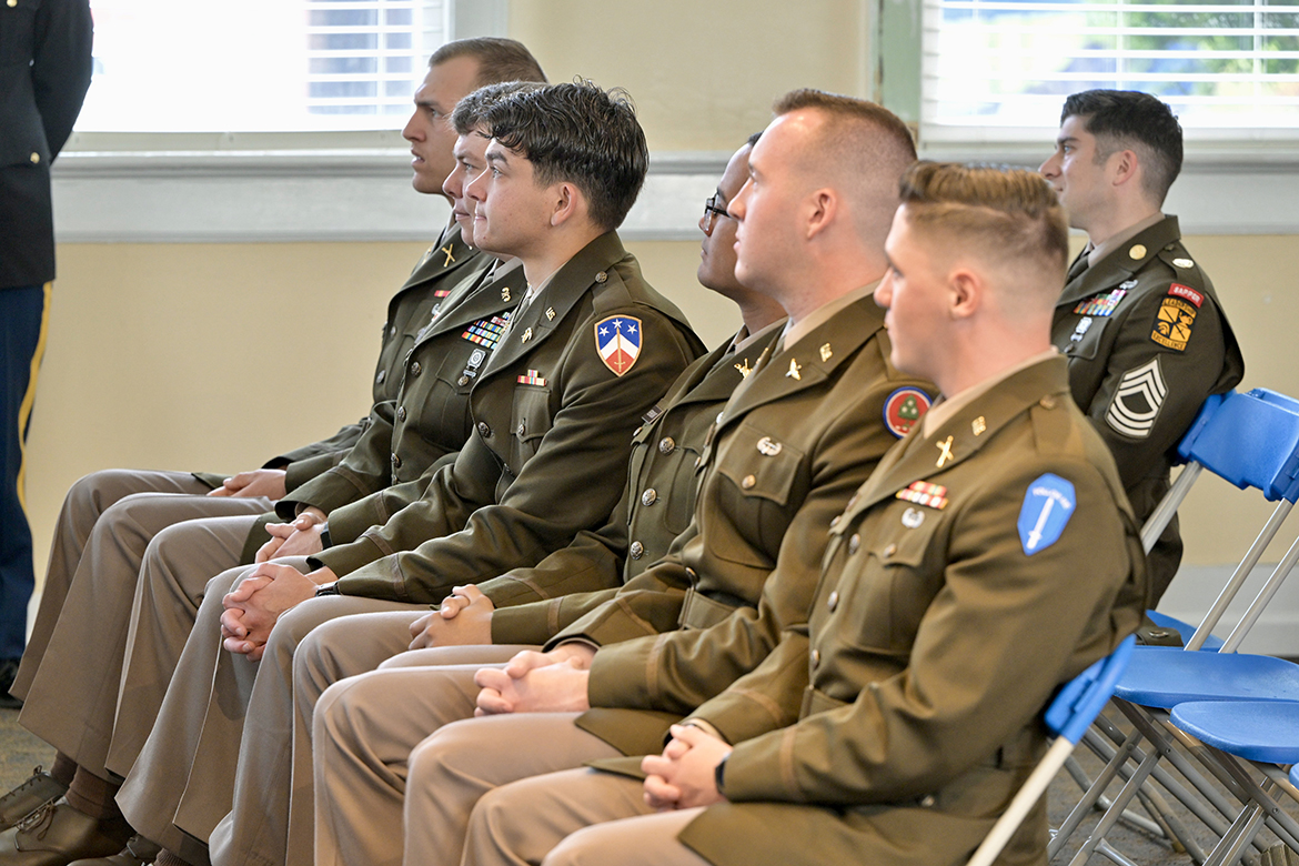 Six former Middle Tennessee State University ROTC cadets in the Military Science program listen during the special ceremony where they were commissioned as second lieutenants in various branches of the U.S. Army. The newly commissioned officers include Jonathan Cordine, Jacob Dobbs, Sebastien Kernisant, Braedon “Scotty” McGinnis, Alex Piacenti and Zachary Steinke. The ceremony occurred May 3 in the Tom H. Jackson Building’s Cantrell Hall on the MTSU campus in Murfreesboro, Tenn. (MTSU photo by Andy Heidt)