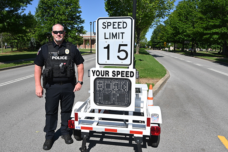 Middle Tennessee State University Police Lt. Jon Leverette shows off the department’s new radar speed trailer, which the department applied for and purchased with the help of a Tennessee Highway Safety Office grant. (MTSU photo by Stephanie Wagner)