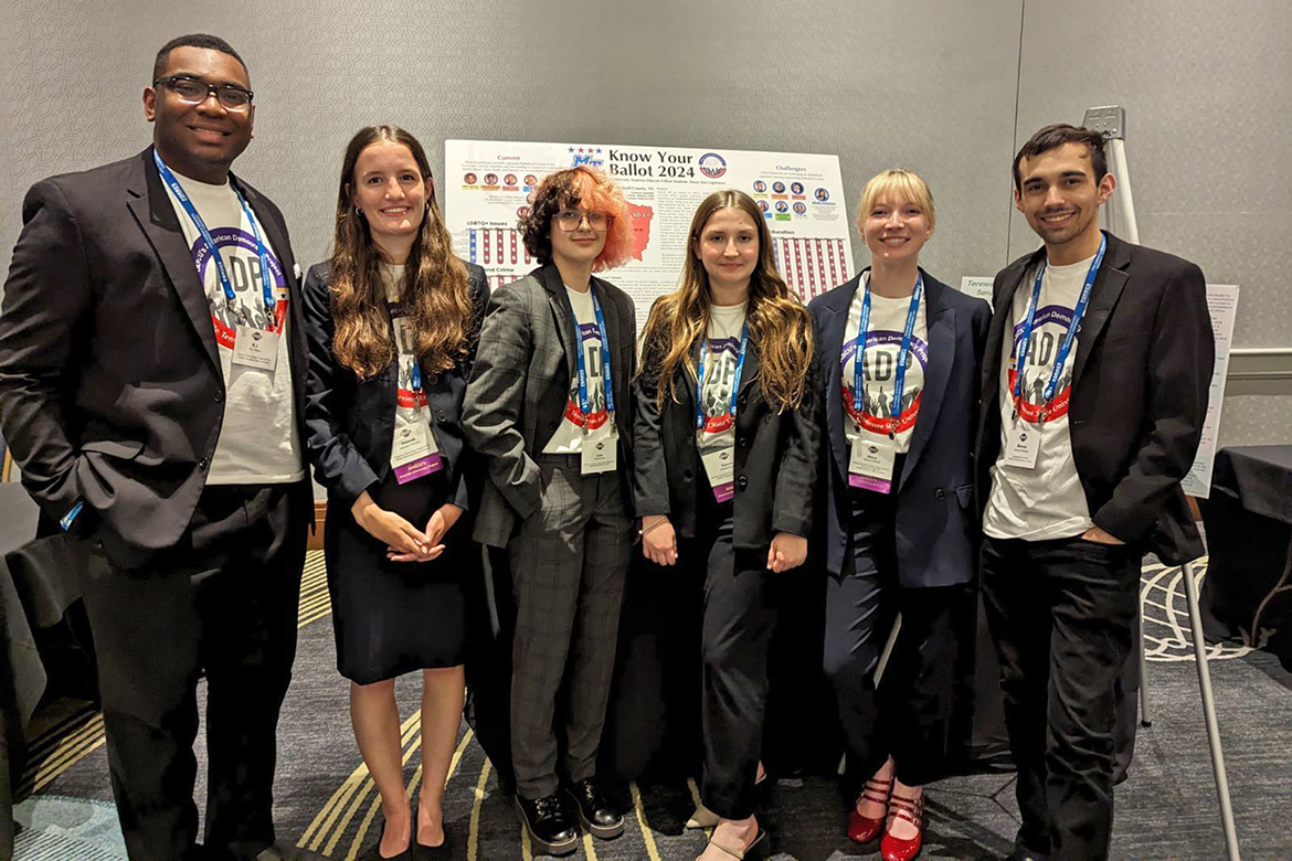 From left, Middle Tennessee State University Honors students R.J. Ware, Hannah Ferreira, Dante Buttrey and Victoria Grigsby; MTSU Graduate Studies student Nancy Prescott; and MTSU Experiential Learning student Marcus Rosario presented poster research at the 2024 Civic Learning and Democratic Engagement meeting in Detroit, Michigan. (Photo provided by Mary Evins)