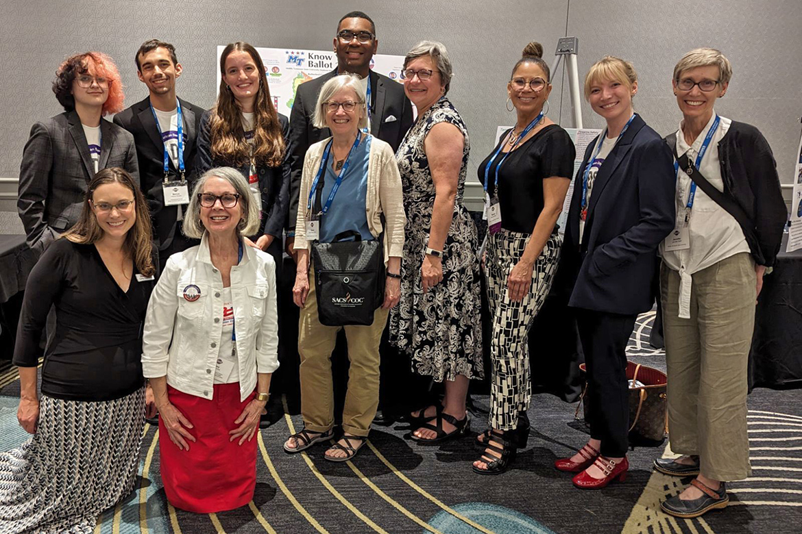 Middle Tennessee State University faculty, staff and student representatives presented or contributed research at the national Civic Learning and Democratic Engagement meeting, the annual conference of the American Association of State Colleges and Universities, this year in Detroit, Michigan. Pictured, kneeling from left, are Catherine Copeland, director of the AASCU’s American Democracy Project, and Mary Evins, Honors professor and director of MTSU’s American Democracy Project; standing, from left, MTSU students Dante Buttery, Marcus Rosario, Hannah Ferreira, and R.J. Ware, back center; remaining MTSU representatives, from left, are history professor and MTSU True Blue Core director, Susan Myers-Shirk; history professor Amy Hayward; Monica Smith, assistant to the president for community engagement and inclusion; MTSU graduate student Nancy Prescott; and history lecturer Jennifer Pettit. (Photo provided by Mary Evins)