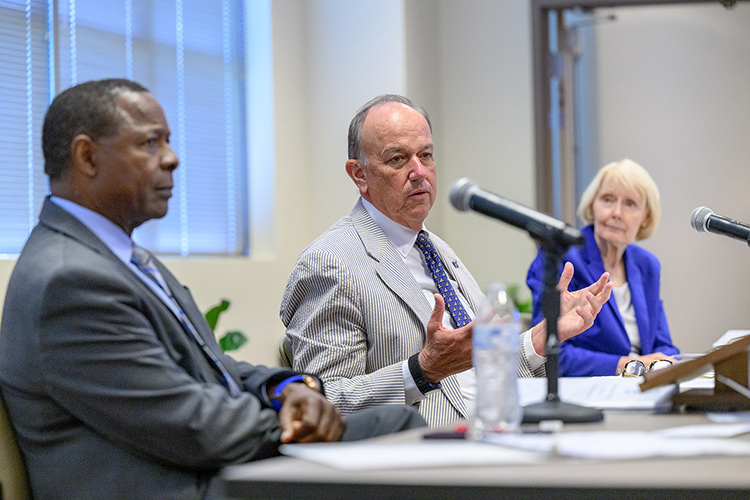 Stephen Smith, center, chairman of the Middle Tennessee State University Board of Trustees, make a point during the board’s quarterly meeting Tuesday, June 11, at the Miller Education Center on the MTSU campus in Murfreesboro, Tenn. Looking on is MTSU President Sidney A. McPhee, left, and Board Vice Chair Christine Karbowiak Vanek, right. (MTSU photo by J. Intintoli)