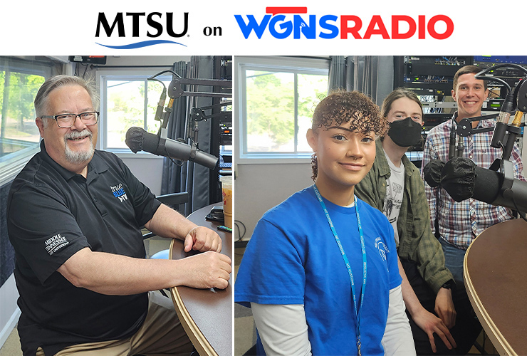 Middle Tennessee State University representatives appeared on the June 17 WGNS Radio’s “Action Line” program from the station’s studio in downtown Murfreesboro, Tenn. Pictured, from left in order of appearance, are, Ty Whitaker, senior manager of True Blue TV; and MTSU undergraduate students Tatyana Martinez and Ian Wilson, and Dr. Donny Walker, assistant biology professor. (MTSU photo illustration by Jimmy Hart)
