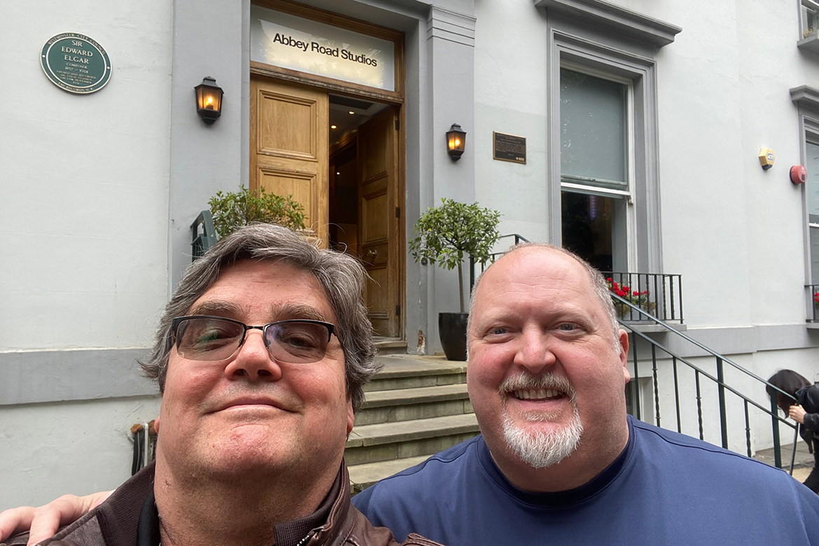 Middle Tennessee State University faculty members Bill Crabtree, left, and Odie Blackmon from the Recording Industry Department are pictured outside of the historic Abbey Road Studios in London, England, earlier this summer during a weeklong study abroad trip they led where they introduced 17 MTSU students to new experiential learning experiences and a global understanding of the music business. (Submitted photo)