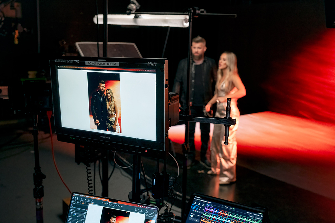 Country singer-songwriters Brantley Gilbert, left, and Ashley Cooke, right, pose for a photo shoot on the extended reality, or XR, stage, in Middle Tennessee State University’s College of Media and Entertainment Building in Murfreesboro, Tenn. Gilbert and Cooke shot the music video for their new song “Over When We’re Sober” on the $1 million XR stage on Friday, May 24, 2024. The music video was released on June 21. (MTSU photo by Andy Heidt)