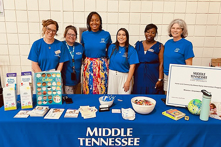 Middle Tennessee State University staff take a group photo at the ninth annual Community Baby Shower event hosted by Rutherford County Health Department at Patterson Community Park in Murfreesboro, Tenn., on June 22, 2024. The staff presented information about the College of Education’s Home and Community-Based Early Intervention Program to a group of parents. Pictured, from left, are Diana Clarady, program team coordinator, Jessica Futrell, program early interventionist, Chanan Catlin, program early interventionist, Carrie Neill, program early interventionist, Sharon Scott, program director, and Connie Casha, director of MTSU’s Early Learning Programs. (Submitted photo)