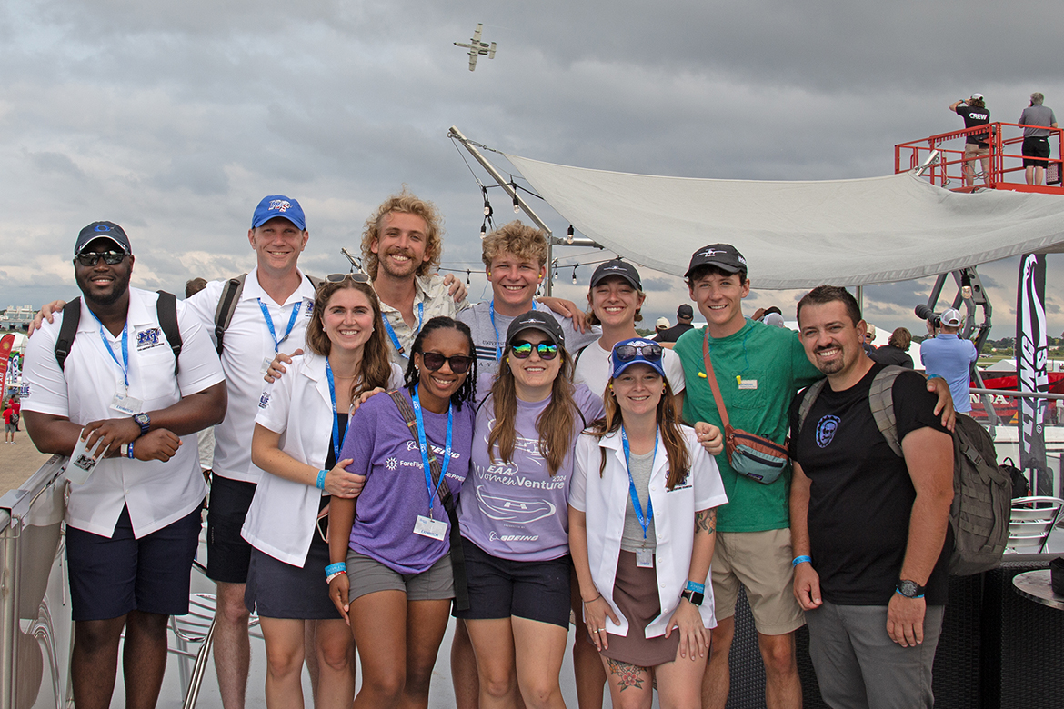 Students and flight instructors from Middle Tennessee State University Aerospace Pro Pilot program pose for a group photo at Tuesday’s airshow at the 2024 EAA AirVenture, held annually in Oshkosh, Wis. (MTSU photo by Brian Delaney)