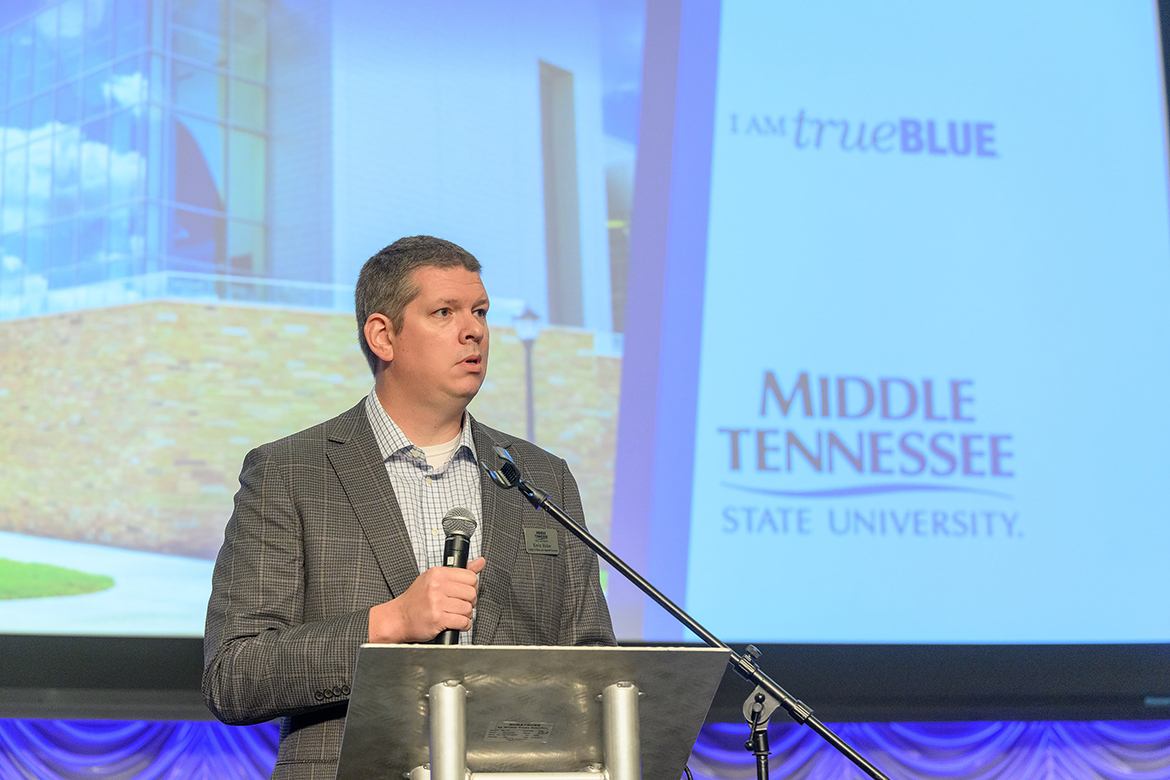 Kevin Bicker, Middle Tennessee State University College of Basic and Applied Sciences associate dean for research, provides welcome remarks for atttendees at the 59th Actuarial Research Conference, being held in the Student Union Ballroom on the MTSU campus in Murfreesboro, Tenn. About 100 people from around the country were expected to attend the July 18-20 event. (MTSU photo by J. Intintoli)