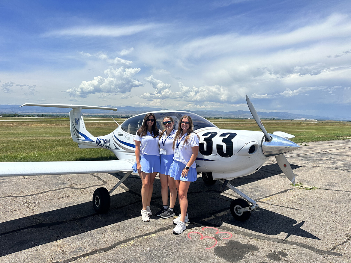 After completing their four-day, 2,500-mile Air Race Classic flight from Carbondale, Ill., to Loveland, Colo., recent alumni Rachel Frankenberger, left, of Cisco, Ga., and Alyssa Smith of Collierville, Tenn., and rising senior Hailey Harrison of Lakeland, Tenn., stand with their Middle Tennessee State University Aerospace Department Diamond DA 40 aircraft. The Blue Raider team finished 14th overall in the field of 50 all-women teams, including 22 from universities. (Submitted photo)