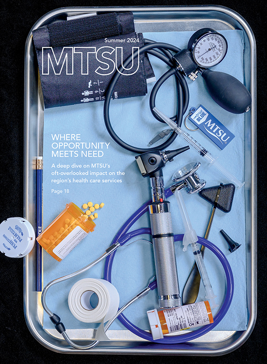 The summer 2024 edition of MTSU magazine takes a look at the university’s oft-overlooked impact on the region’s health care industry. Click the image to access an electronic pdf version of the magazine. (Cover photo illustration by MTSU Creative and Visual Services)