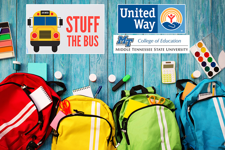 Middle Tennessee State University’s College of Education is partnering with the United Way of Rutherford and Cannon Counties on its annual “Stuff the Bus” initiative to collect school supplies to support local students. Supplies can be dropped off on campus between now and Wednesday, July 24, at the collection boxes inside the College of Education and Cope Administration Building lobbies. (MTSU graphic illustration by Stephanie Wagner)