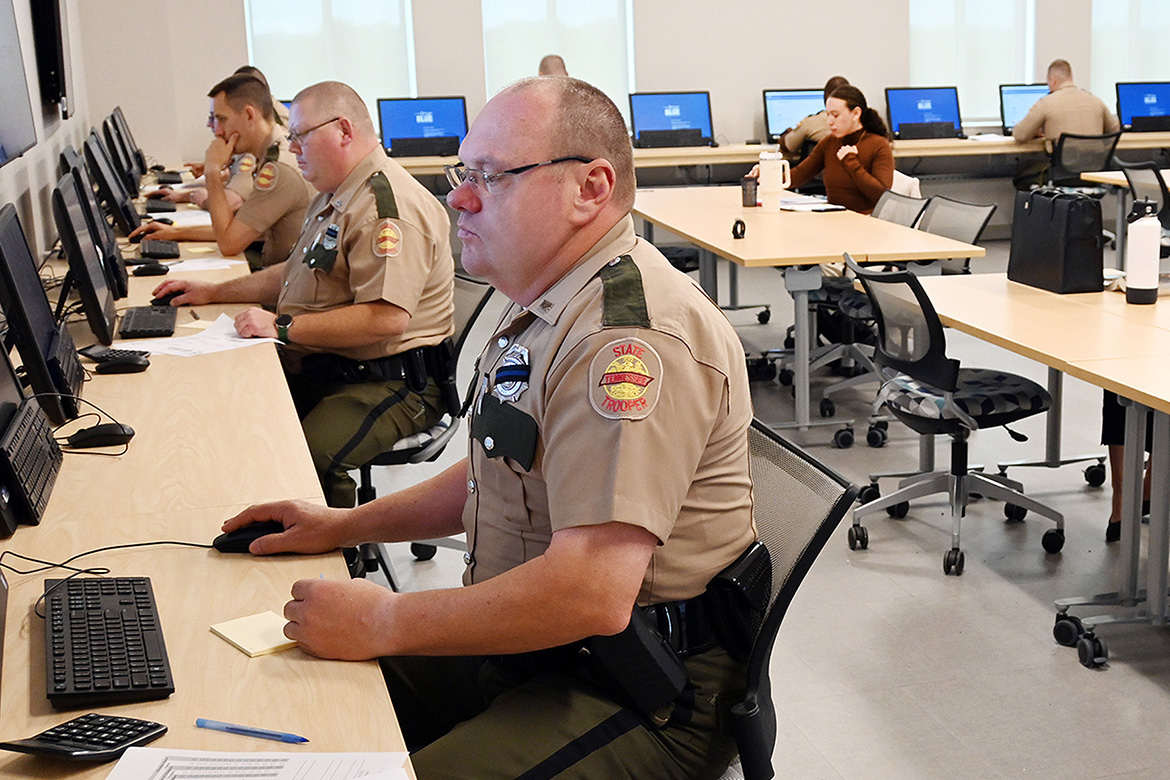 Tennessee Highway Patrol troopers and sergeants vying for promotions undergo a daylong assessment process earlier this summer designed by Industrial-Organizational Psychology students in the Center for Organizational and Human Resource Effectiveness, or COHRE, at Middle Tennessee State University in Murfreesboro, Tenn. Through this process of building and administering the testing modules, students get real-world experience. (MTSU photo by Nancy DeGennaro)