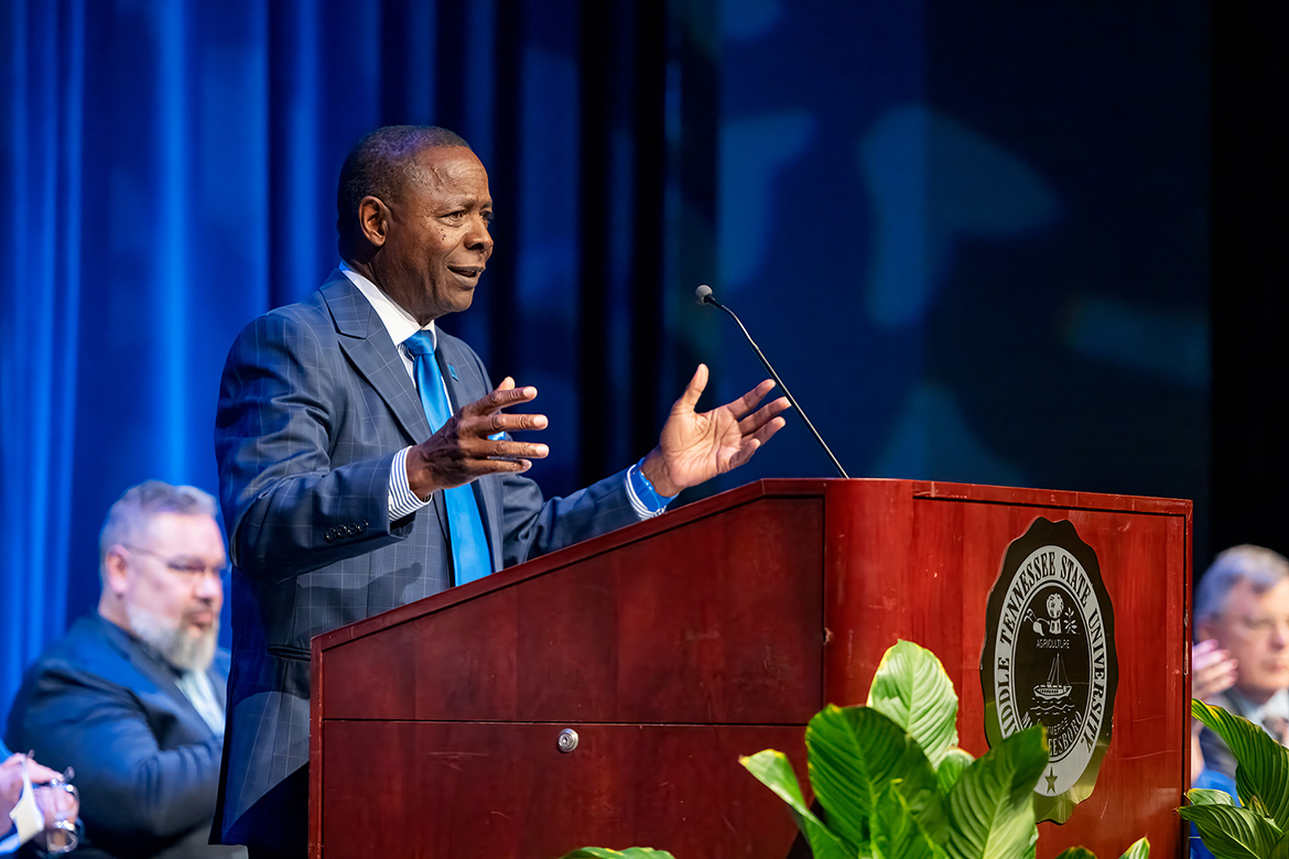 Middle Tennessee State University President Sidney A. McPhee gives his State of the University Address at the 2024 Fall Faculty and Staff Meeting held Thursday, Aug. 22, inside Tucker Theatre on the MTSU campus in Murfreesboro, Tenn. MTSU’s fall semester begins Monday, Aug. 26, with the start of classes. (MTSU photo by Andy Heidt)