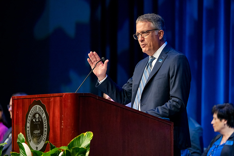 Middle Tennessee State University Provost Mark Byrnes shares opening remarks at the 2024 Fall Faculty and Staff Meeting held Thursday, Aug. 22, inside Tucker Theatre on the MTSU campus in Murfreesboro, Tenn. MTSU’s fall semester begins Monday, Aug. 26, with the start of classes. (MTSU photo by Andy Heidt)