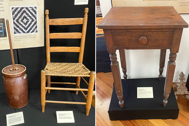 A butter churn and latticework chair from the family of Mat Gardner, left, and a handmade cherry wood side table from the family of William Armstrong Sr. are all part of a new exhibit, “Two Families, Two Revolutions,” on display at The Heritage Center, 225 W. College St. in Murfreesboro, Tenn. The exhibit was curated by the Tennessee Civil War National Heritage Area, a partnership unit of the National Park Service administered by the Center for Historic Preservation at Middle Tennessee State University in Murfreesboro. (Submitted photos/MTSU photo illustration by Nancy DeGennaro)