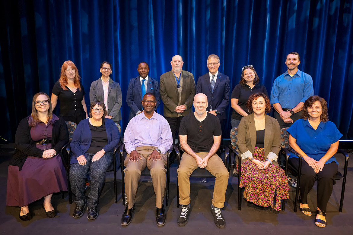 Middle Tennessee State University faculty and staff gather for a group photo with university leaders Thursday, Aug. 22, after they were recognized by the MTSU Foundation with awards for their service at the 2024 Fall Faculty and Staff Meeting in Tucker Theatre. Recipients and their honors include, front row, from left, Elizabeth Barnes, Outstanding Teaching in General Education and Distinguished Early Career Research Award; Judith Iriarte-Gross, Outstanding Public Service Award; Francis T. Koti, Outstanding Teaching Award; Douglas Dabbs, Outstanding Teaching Award; Bess Rogers, Distinguished Early Career Creative Activity Award; and Dianna Rust, Outstanding Public Service Award; and back row, from left, Kristine Potter, Distinguished Early Career Creative Activity Award; Priya Ananth, Outstanding Teaching Award; MTSU President Sidney A. McPhee; Paul Craig, Career Achievement Award; University Provost Mark Byrnes; Allie Sultan, Distinguished Senior Career Creative Activity Award; and Grant Gardner, Distinguished Senior Research Award. (MTSU photo by Andy Heidt)