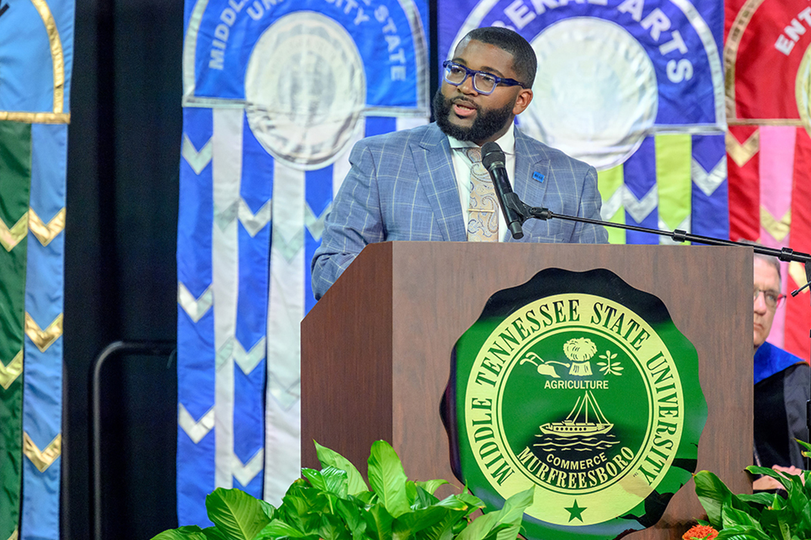 Michai Mosby, president of the Student Government Association at Middle Tennessee State University in Murfreesboro, Tenn., speaks to the crowd at the 2024 Convocation held Saturday, Aug. 24, in MTSU's Murphy Center on campus. (MTSU photo by J. Intintoli)