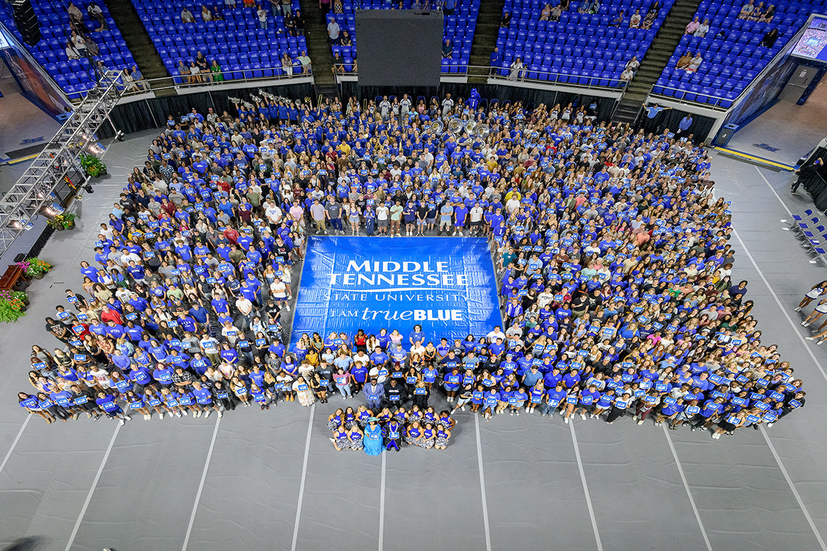 New Middle Tennessee State University freshmen and transfer students pose for their first class photo on the court in Murphy Center in Murfreesboro, Tenn., following the annual University Convocation held Saturday, Aug. 24. Thousands of students and their family members attended the formal ceremony kicking off the fall semester and 2024-24 academic year. (MTSU photo by J. Intintoli)