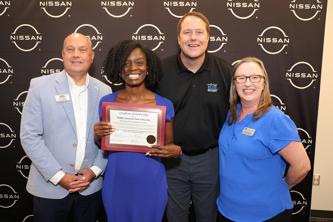 Middle Tennessee State University representatives attend Nissan’s Partners in Education Signing Day event on July 29, 2024, in Decherd, Tenn. Pictured from left are MTSU Director of Strategic Partnerships Brad Tammen; College of Education Dean Neporcha Cone; College of Education professor and Elementary and Special Education Department Chair Eric Oslund; and Kristen Keene, strategic communications manager in the College of Education. (Submitted photo)