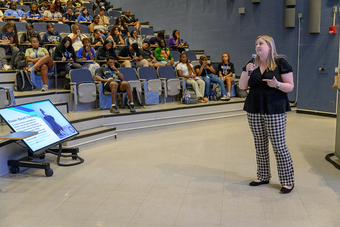 New Middle Tennessee State University freshmen and transfer students hear about ways to recognize power-based violence and to always use appropriate conduct from Danielle Bratton, project coordinator in the June Anderson Center for Women and Nontraditional Students Office on Violence Against Women, in a Learning Resources Center classroom during the fall 2024 Scholars Academy Freshman Summer Institute at MTSU in Murfreesboro, Tenn. Health services, campus recreation, financial literacy and more were part of the 12-day program that ended Thursday, Aug. 22, just days before the new academic year begins Monday, Aug. 26. (MTSU photo by J. Intintoli)