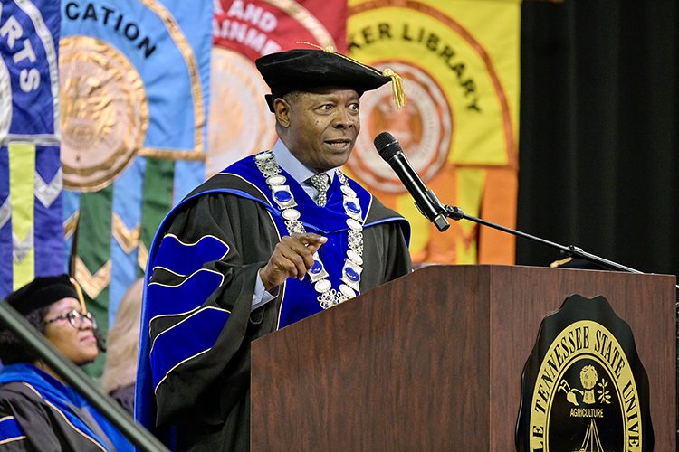 Middle Tennessee State University President Sidney A. McPhee congratulates the 770-plus graduates during the university’s summer 2024 commencement ceremony held Saturday, Aug. 10, inside Murphy Center on the MTSU campus in Murfreesboro, Tenn. (MTSU photo by Andy Heidt)