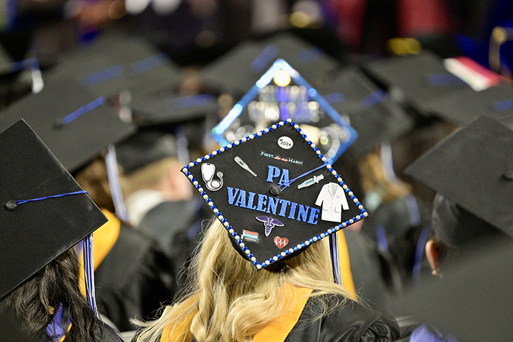 The mortarboard of Middle Tennessee State University graduate Molly Valentine displays the pride in her completion of the Physician Assistant Studies master’s program at the university’s summer 2024 commencement ceremony held Saturday, Aug. 10, inside Murphy Center on the MTSU campus in Murfreesboro, Tenn. More than 770 graduates received their degrees. (MTSU photo by Andy Heidt)