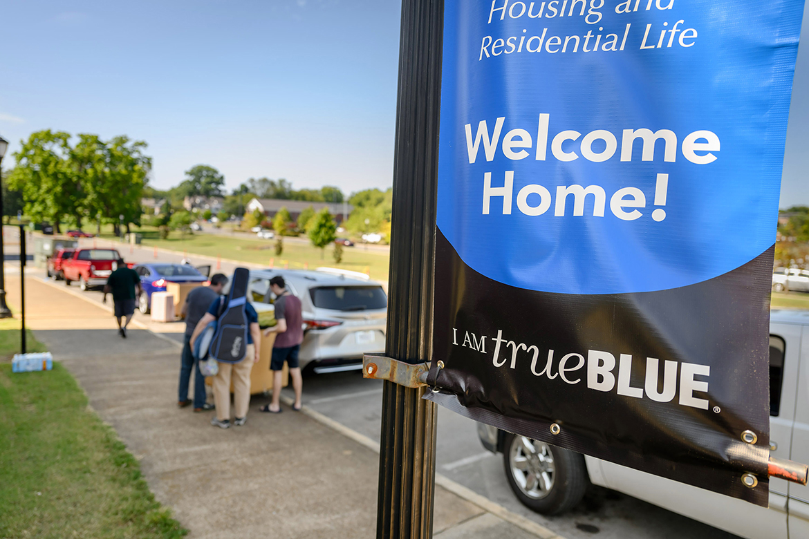 With “Welcome Home!” as the theme, a Middle Tennessee State University Housing and Residential Life street sign awaits new and returning MTSU students and their families near Monohan, Lyon and Miss Mary halls next to Middle Tennessee Boulevard in Murfreesboro, Tenn. Students began the move-in process in earnest Wednesday, Aug. 21, with most of it wrapping up Friday, Aug. 23, before the start of the fall semester and 2024-25 academic year. (MTSU photo by J. Intintoli)