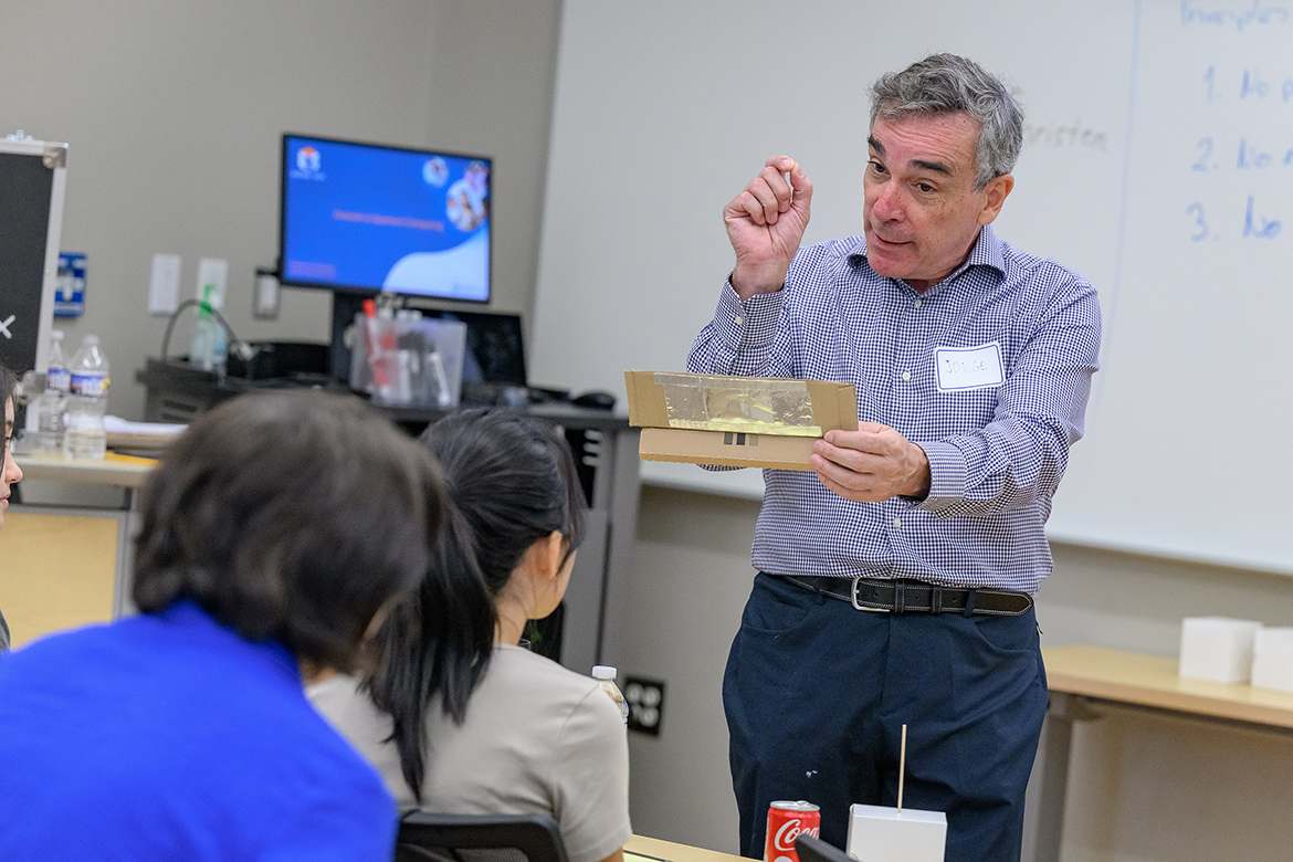 Jorge Christen, outreach manager with Qureca, a global provider of quantum resources, emphasizes a point during his workshop July 24 in a Wiser-Patten Science Hall classroom on the Middle Tennessee State University campus in Murfreesboro, Tenn. Nearly 15 participants attended the workshop sponsored by part of an $800,000 National Science Foundation grant. (MTSU photo by J. Intintoli)