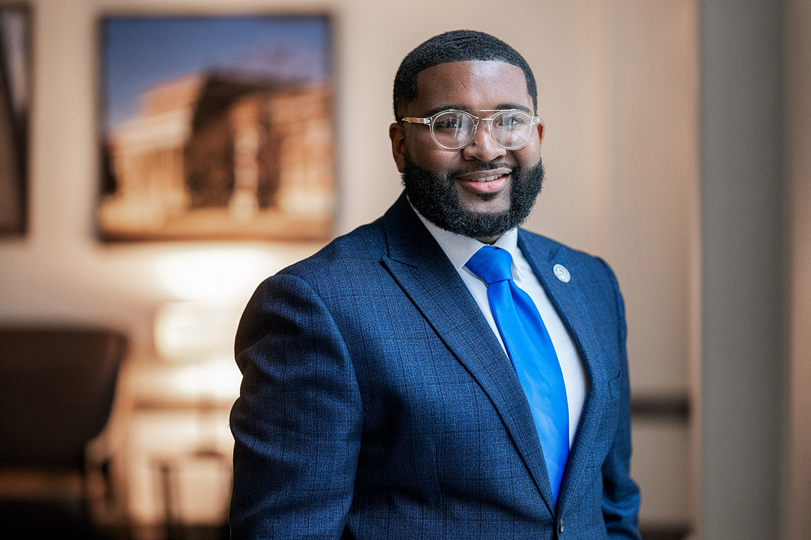 Michai Mosby, a 21-year-old Memphis, Tenn., native and senior public relations and political science major, is heading into his second term as president of the Student Government Association at Middle Tennessee State University in Murfreesboro, Tenn. (MTSU photo by Andy Heidt)