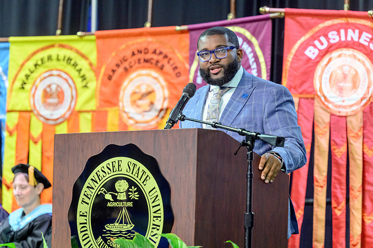 Middle Tennessee State University Student Government Association President Michai Mosby led the recitation of the True Blue Pledge at the 23rd annual University Convocation held Saturday, Aug. 24, in Murphy Center in Murfreesboro, Tenn.