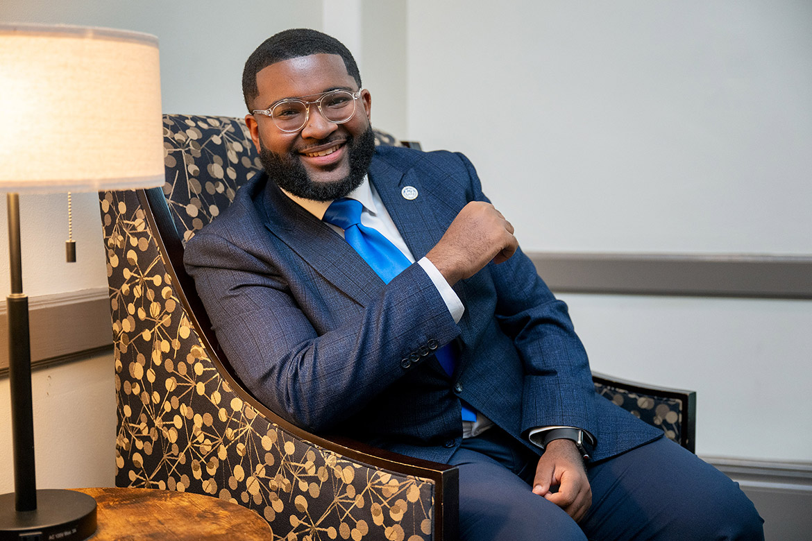 Michai Mosby, a 21-year-old Memphis, Tenn., native and senior public relations and political science major, is heading into his second term as president of the Student Government Association at Middle Tennessee State University in Murfreesboro, Tenn. (MTSU photo by Andy Heidt)