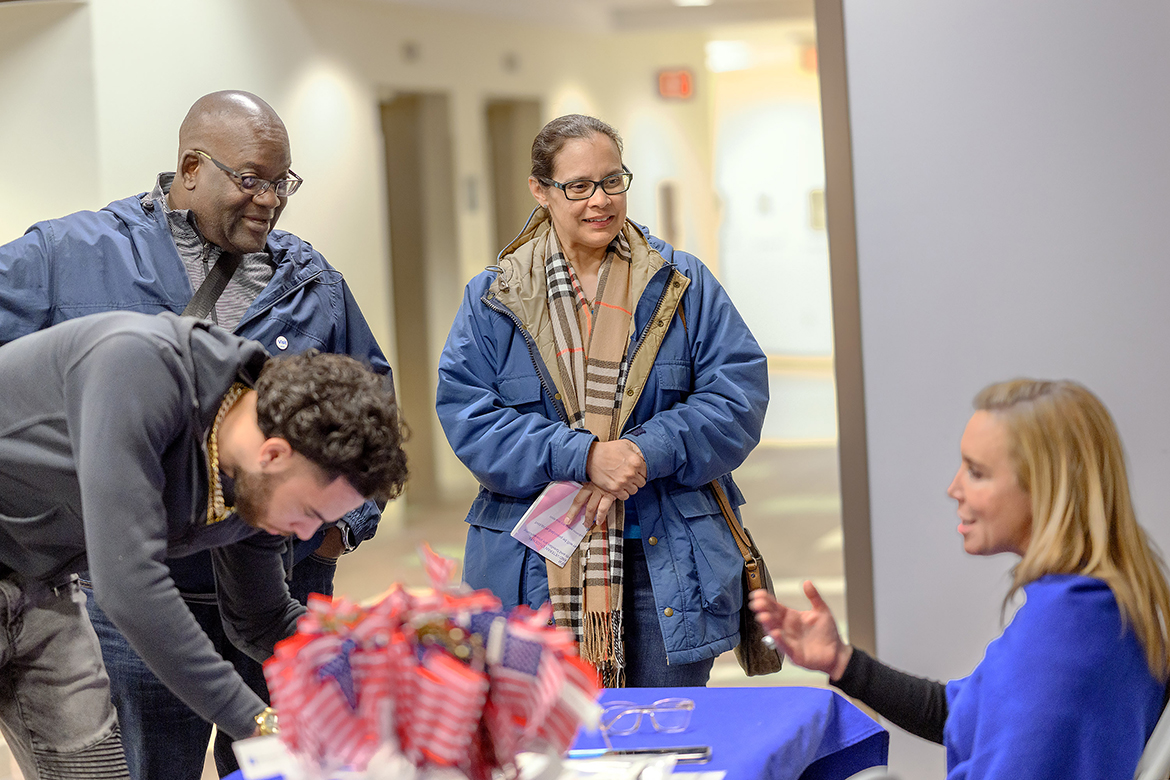 New and returning Middle Tennessee State University student veterans register and listen as Hilary Miller, right, the director of the Charlie and Hazel Daniels Veterans and Military Family Center provides information during a spring semester Newcomers Briefing in January 2024 at the Miller Education Center on Bell Street in Murfreesboro, Tenn. The fall semester Newcomers Briefing will start at 5 p.m. Thursday, Aug. 22, at Miller Education Center. (MTSU file photo by Cat Curtis Murphy)