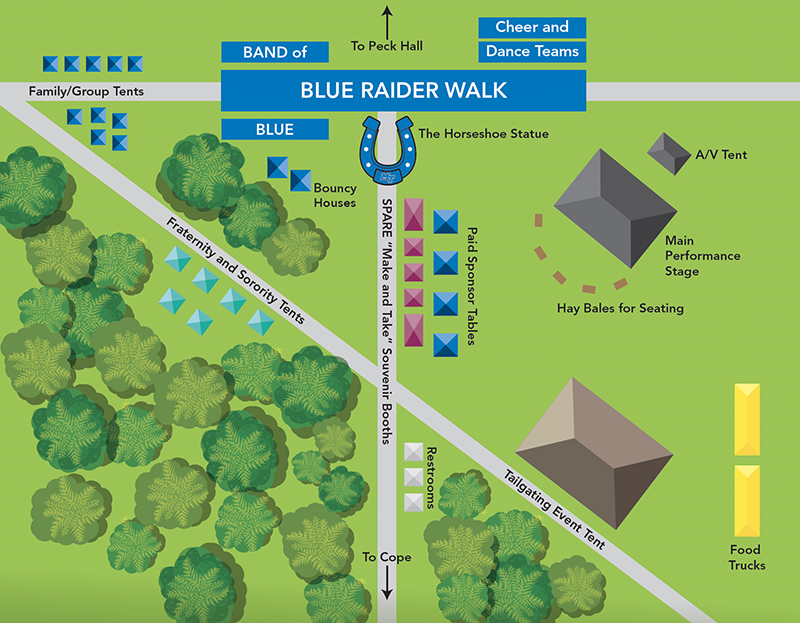 This map shows the layout for the new Party in the Grove pregame celebration to be held at Blue Raider home football games this fall in the Walnut Grove area on the west side of the Middle Tennessee State University campus in Murfreesboro, Tenn. The event will feature the traditional Raider Walk by members of the Blue Raider football team in front of Peck Hall along with the Band of Blue but will also now include live music, food trucks, tailgating and more. (MTSU illustration by Creative and Visual Services)