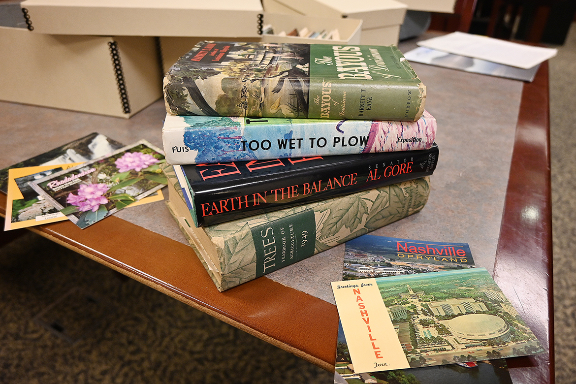 Thousands of postcards, hundreds of books and dozens of scholarly papers belonging to late Tennessee conservationist Mack Prichard were donated to Special Collections in the James E. Walker Library at Middle Tennessee State University in Murfreesboro, Tenn., by the Mack S. Prichard Foundation. Prichard served the Tennessee Department of Environment and Conservation as the first state archaeologist and later as the first state naturalist. (MTSU photo by Nancy DeGennaro)