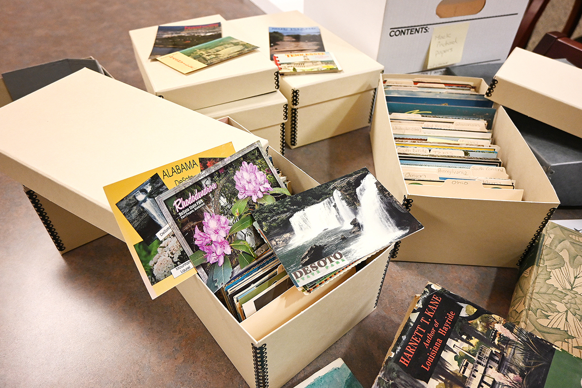 Thousands of postcards, hundreds of books and dozens of scholarly papers belonging to late Tennessee conservationist Mack Prichard were donated to Special Collections in the James E. Walker Library at Middle Tennessee State University in Murfreesboro, Tenn., by the Mack S. Prichard Foundation. Prichard served the Tennessee Department of Environment and Conservation as the first state archaeologist and later as the first state naturalist. (MTSU photo by Nancy DeGennaro)