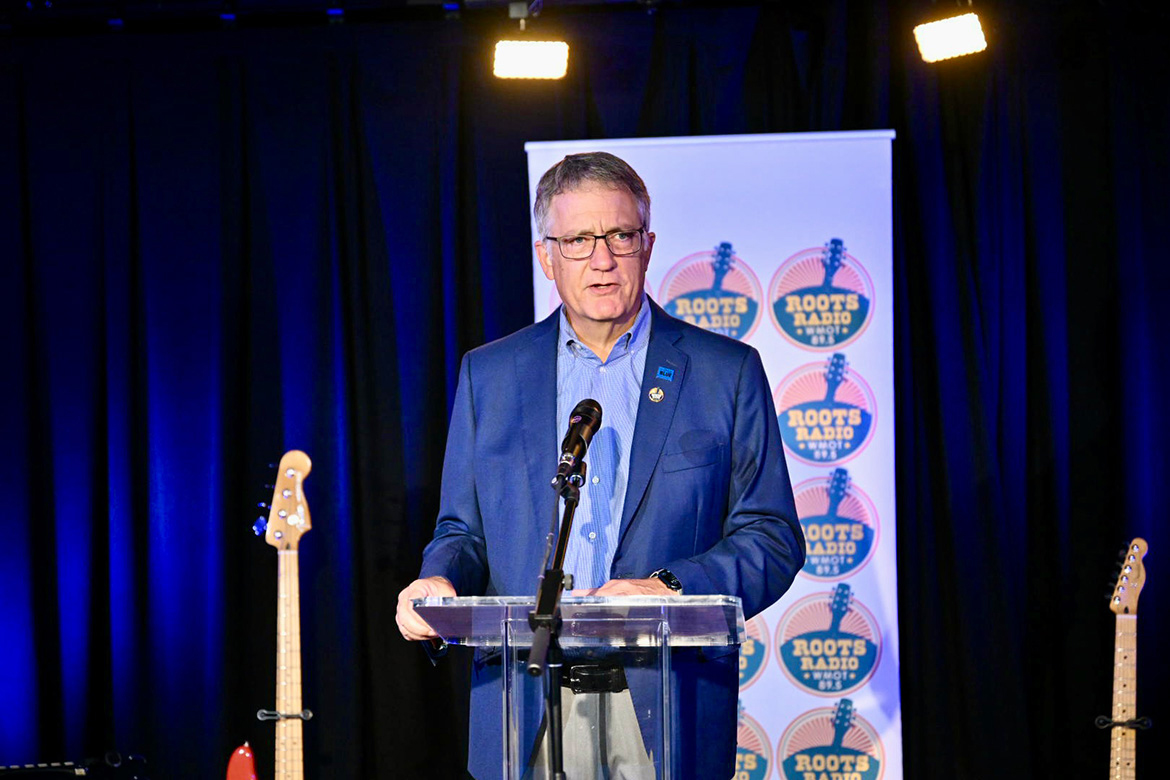 Middle Tennessee State University provost Mark Byrnes addresses attendees Aug. 7, 2024, at a ribbon-cutting ceremony for WMOT-FM Roots Radio 89.5 new satellite broadcast and production studio at the Riverside Revival events venue in East Nashville, Tenn. The station is MTSU’s flagship national public radio station based on its campus in Murfreesboro, Tenn. (MTSU photo by James Cessna)