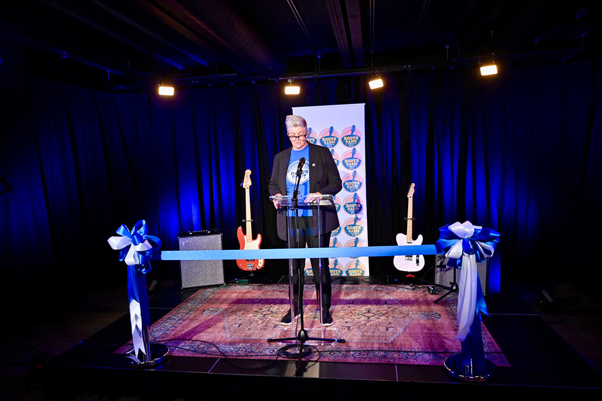 WMOT-FM Roots Radio 89.5 Executive Director Val Hoeppner speaks at a ribbon-cutting ceremony on Aug. 7, 2024, for the station’s new satellite broadcast and production studio at the Riverside Revival events venue located in East Nashville, Tenn. The station is Middle Tennessee State University’s flagship national public radio station based on its campus in Murfreesboro, Tenn. (MTSU photo by James Cessna)