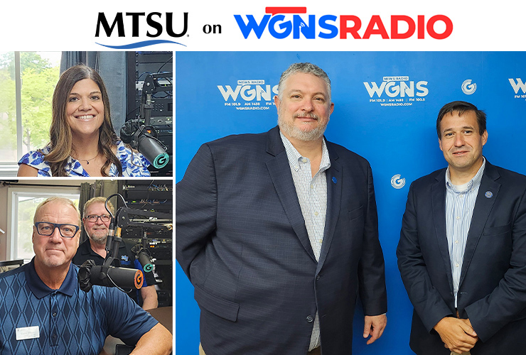 Middle Tennessee State University representatives appeared on WGNS Radio recently to share information about university programs and events. Guests for the Aug. 19 program included, top left, Beth Dye, Alumni Relations; bottom left from left, Ray Wiley, Campus Recreation, longtime Red Cross volunteer, and Gene Baker, American Red Cross, and at right, from left, Tom Nicholas and Jon Huddleston School of Concrete and Construction Management. (MTSU photos and illustration by Jimmy Hart)