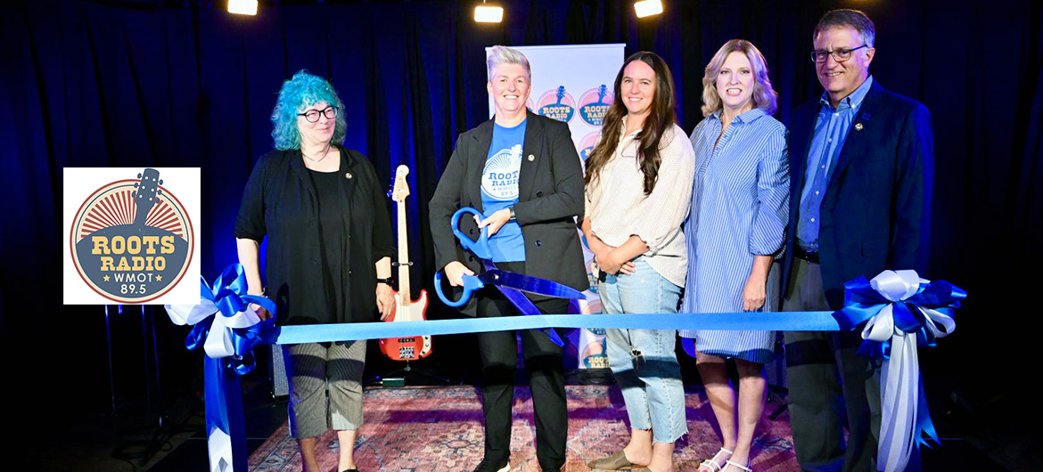 WMOT-FM Roots Radio 89.5 staff and Middle Tennessee State University administrators participate in a ribbon-cutting ceremony on Aug. 7, 2024 at the station’s new satellite broadcast and production studio at the Riverside Revival events venue in East Nashville, Tenn. Pictured, from left, are Jessie Scott, WMOT programming director and host; Val Hoeppner, WMOT executive director; Boedecker Foundation Vice President Brianna Healy; MTSU College of Media and Entertainment Dean Beverly Keel; and University Provost Mark Byrnes. (MTSU photo by James Cessna)