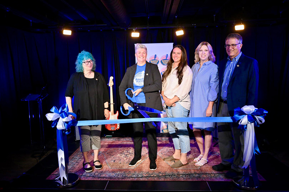 WMOT-FM Roots Radio 89.5 staff and Middle Tennessee State University administrators participate in a ribbon-cutting ceremony on Aug. 7, 2024 at the station’s new satellite broadcast and production studio at the Riverside Revival events venue in East Nashville, Tenn. Pictured, from left, are Jessie Scott, WMOT programming director and host; Val Hoeppner, WMOT executive director; Boedecker Foundation Vice President Brianna Healy; MTSU College of Media and Entertainment Dean Beverly Keel; and University Provost Mark Byrnes. (MTSU photo by James Cessna)