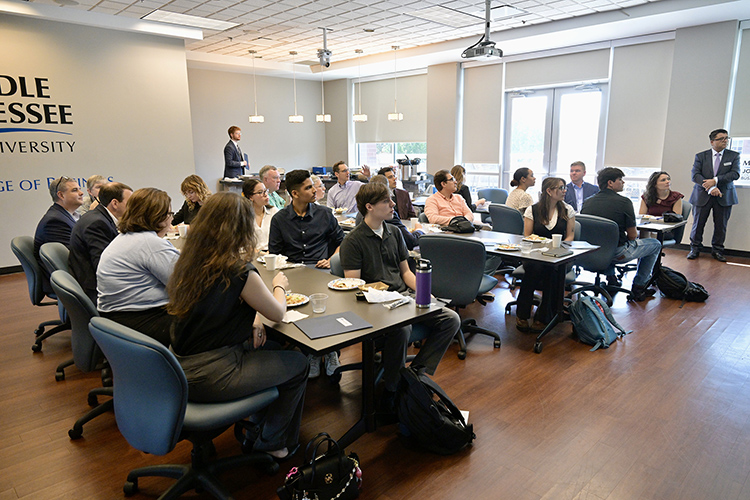 Members of the newest cohort of 10 students participating in the MTSU Chair of Excellence in Regional and Urban Planning’s Scholars Program meet for a kickoff meeting inside the Business and Aerospace Building on the MTSU campus in Murfreesboro, Tenn. Joining them are faculty members and chair advisory committee members. The students will be working with faculty members to focus on livability challenges in the region through multidisciplinary research and mentorship. (MTSU photo by Andy Heidt)