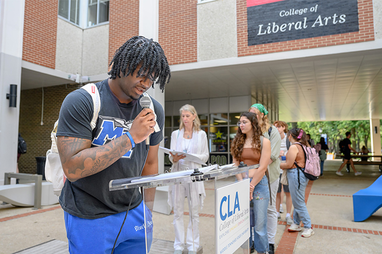 The American Democracy Project chapter at Middle Tennessee State University in Murfreesboro, Tenn., partners with colleges and university offices as part of our coalition to host public readings of the U.S. Constitution across campus. Students, guests, faculty and administration participate in public readings of the Constitution in the Peck Hall courtyard sponsored by the College of Liberal Arts and College of Basic and Applied Sciences. (MTSU file photo)