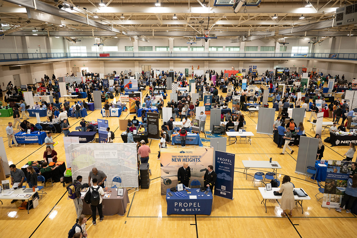 Hundreds of Middle Tennessee State University students attend the Career Development Center’s 2024 Big Career Fair on Thursday, Sept. 26, featuring 235 companies set up inside the Campus Recreation Center in Murfreesboro, Tenn. (MTSU photo by James Cessna)