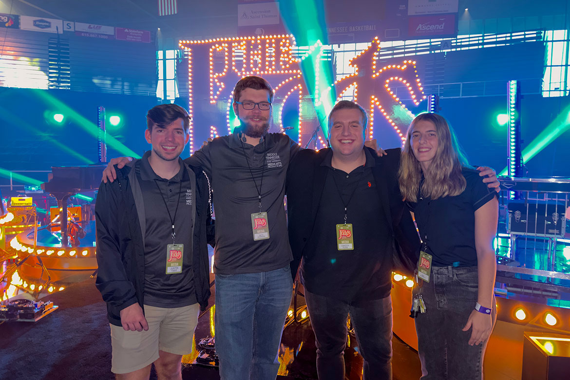 Justin Tart, left, and Dakota Russ, second from right, are pictured here with classmates working the “The Judds: Love is Alive–The Final Concert” featuring Wynonna Judd, on Nov. 3, 2022, at Middle Tennessee State University’s Murphy Center in Murfreesboro, Tenn. (Photo submitted)